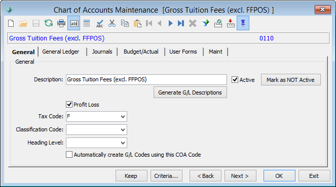 Chart of Accounts Maintenance - General tab