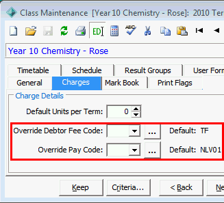Class maintenance - Charges tab (cut down, Override code fields highlighted)