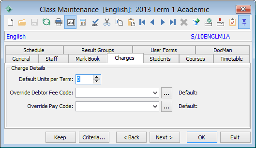 Class Maintenance - Charges tab