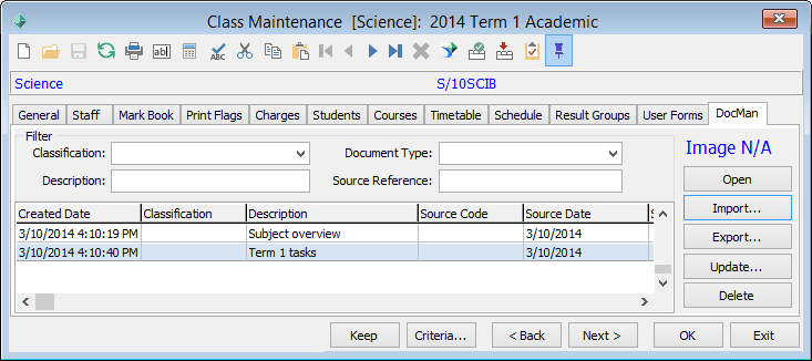 Class Maintenance - DocMan tab