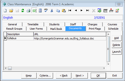 Class Maintenance - Documents tab