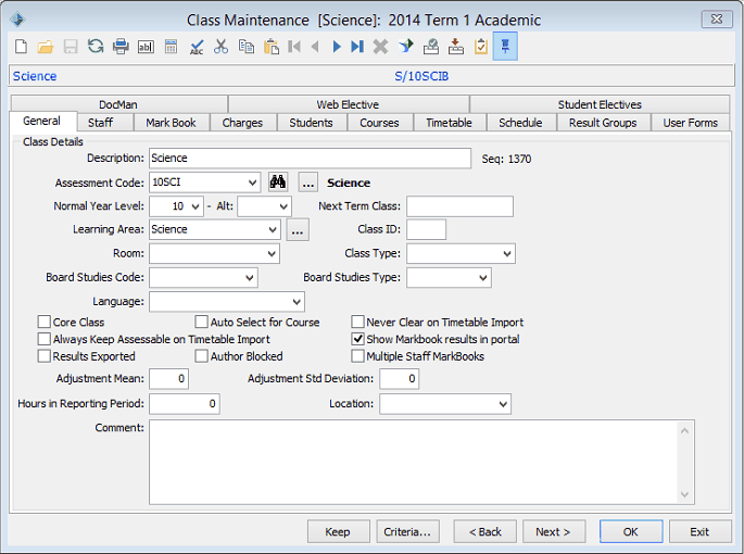 Class Maintenance - General tab