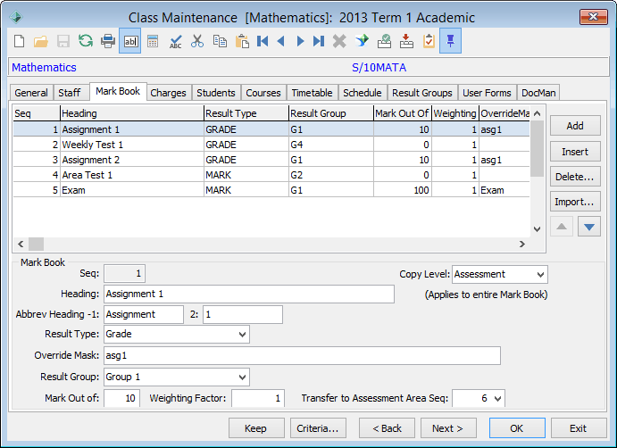 Class Maintenance - Markbook tab