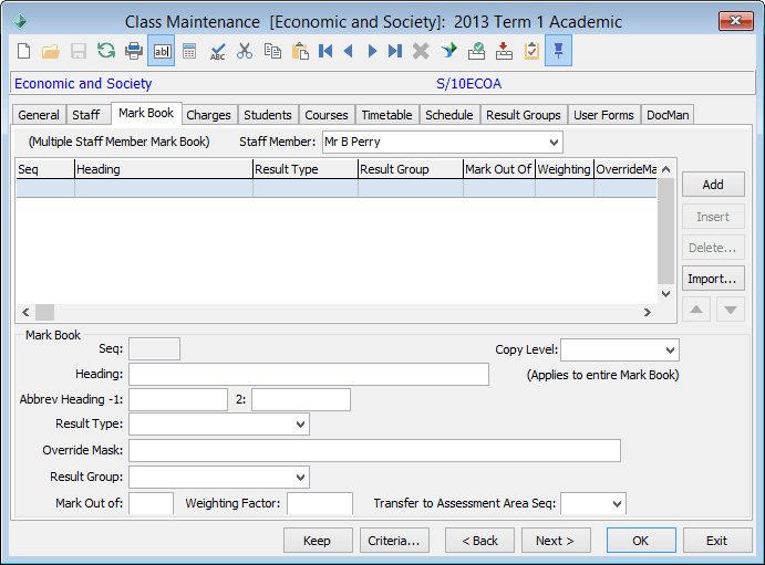 Class Maintenance - Markbook tab (cut down)