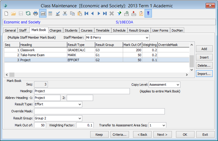 Class Maintenance - Markbook tab