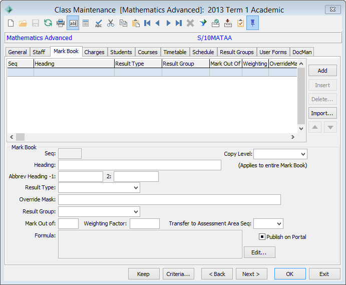 Class Maintenance - Markbook tab (cut down)