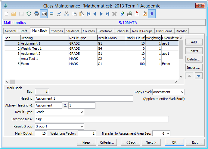 Class Maintenance - Markbook tab