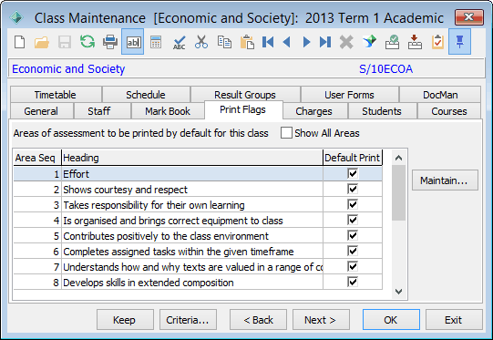 Class Maintenance - Print Flags tab