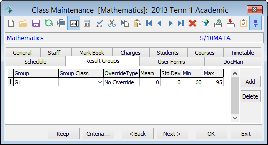 Class Maintenance - Result Groups tab