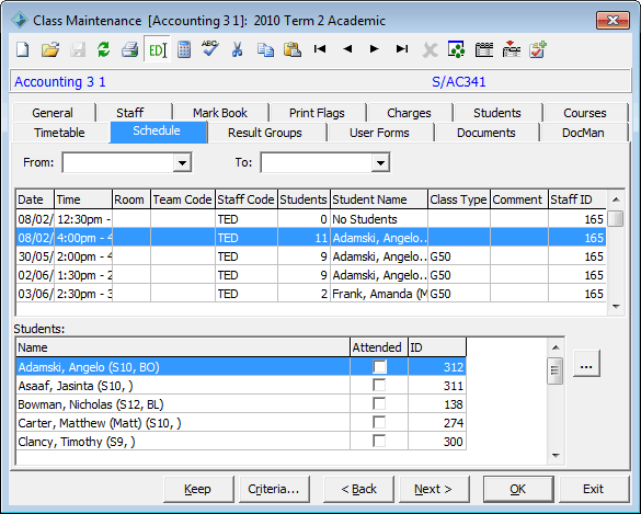 Class Maintenance - Schedule tab