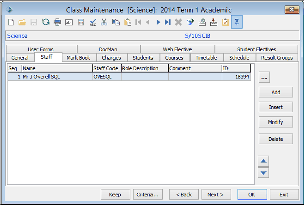 Class Maintenance - Staff tab