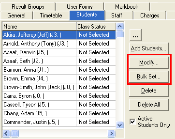 Class Maintenance - Students tab (cut down, buttons highlight)