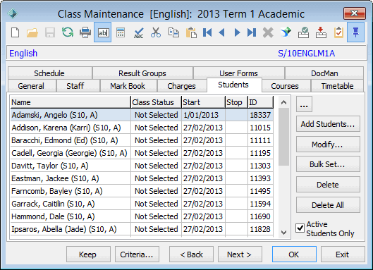Class Maintenance - Students tab