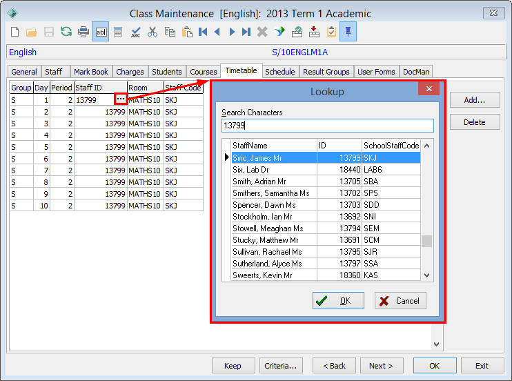 Class Maintenance - Timetable tab (modifying Staff ID)