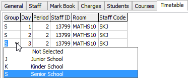 Class Maintenance - Timetable tab (grid area)