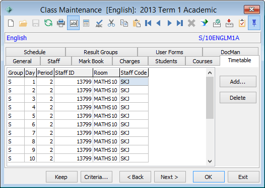 Class Maintenance - Timetable tab
