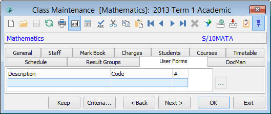 Class Maintenance - User Forms tab
