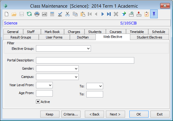 Class Maintenance - Web Elective tab