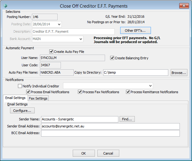 Close Off Creditor EFT Payments window