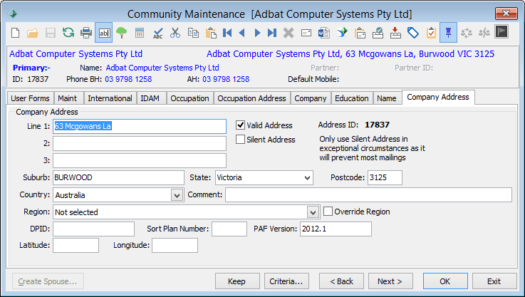 Community Maintenance - Company Address tab