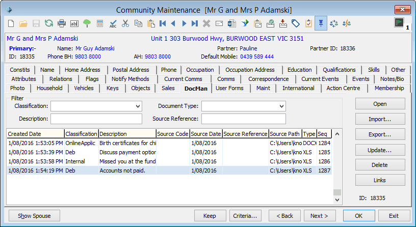 Community Maintenance - DocMan tab