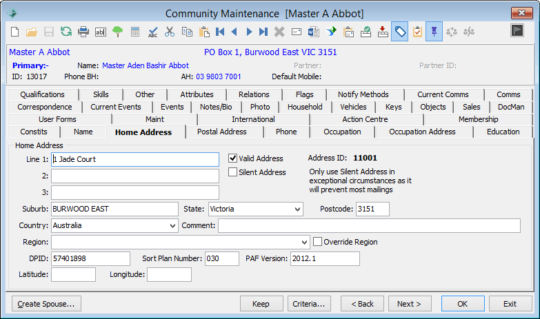 Community Maintenance - Home Address tab