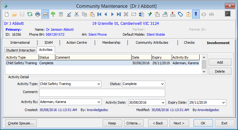 Community Maintenance - Involvement tab - Activities sub-tab