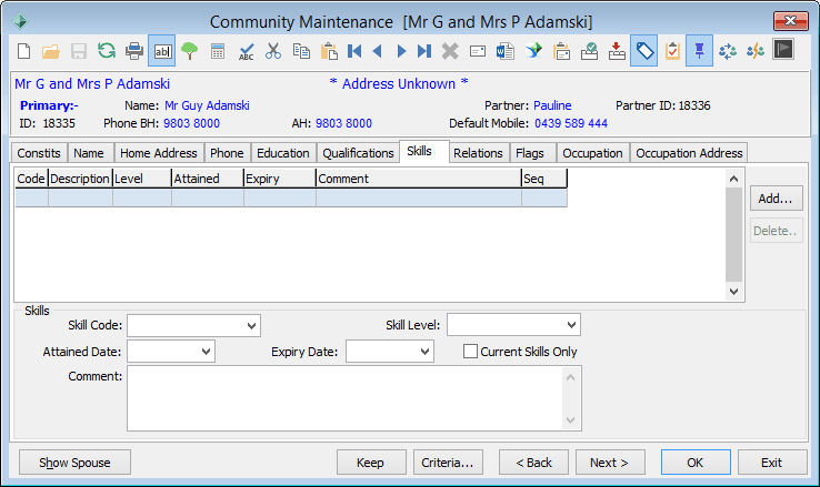 Community Maintenance - Skills tab