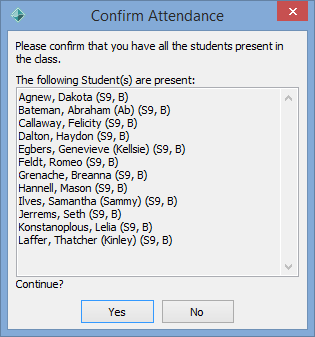 Confirm Attendance window