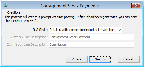 Consignment Stock Payments - Creditors window