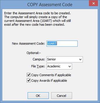 COPY Assessment Code window
