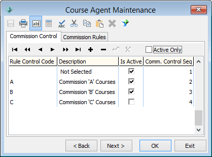 Course Agent Maintenance - Commission Control tab