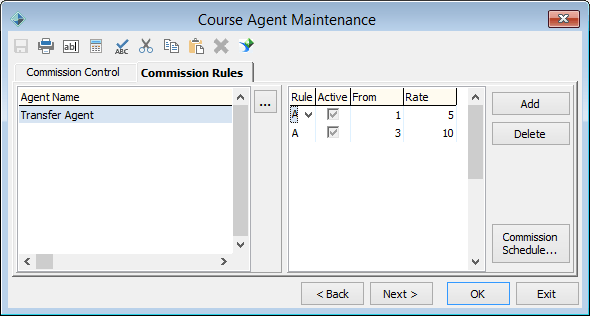 Course Agent Maintenance - Commission Rules tab