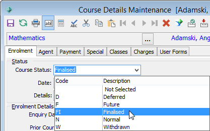 Course Details Maintenance - Enrolment tab (cut down)
