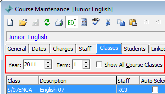 Course Maintenance - Classes tab (filter selections highlighted, wn)
