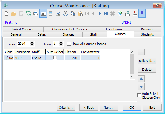 Course Maintenance - Classes tab