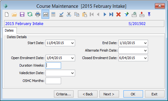 Course Maintenance - Dates tab