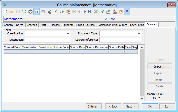 Course Maintenance - DocMan tab