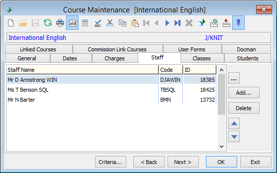 Course Maintenance - Staff tab
