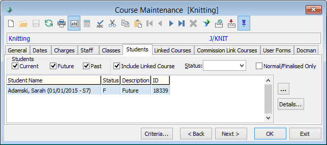 Course Maintenance - Students tab