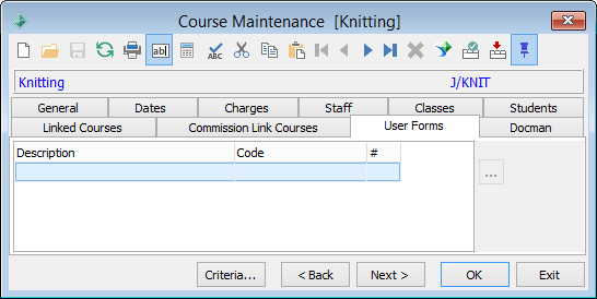 Course Maintenance - User Forms tab