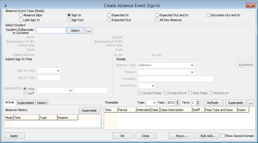 Create Absence Event - sign in (added area)