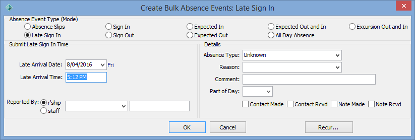 Create Bulk Absence Events - Late Sign In window