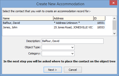 Create New Accommodation window