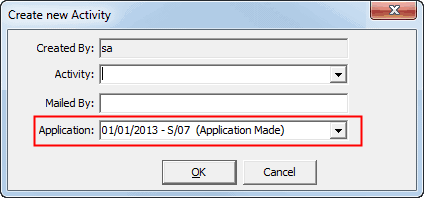 Create new Activity window (cut down, application field highlighted for wn)