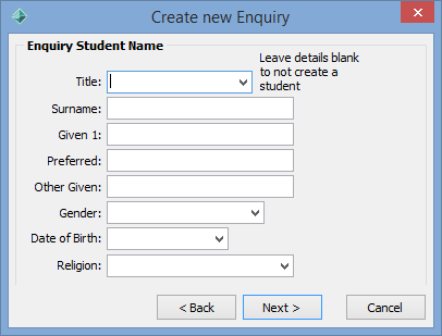 Create New Enquiry - Enquiry Student Name