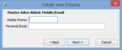 Create new Enquiry - Mobile Email window