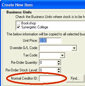 Create New Item - Business Units window (highlighted Normal Creditor ID)