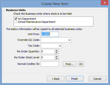 Create New Item - Business Units window
