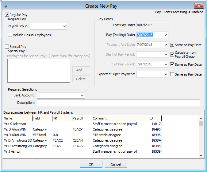 Create New Pay window